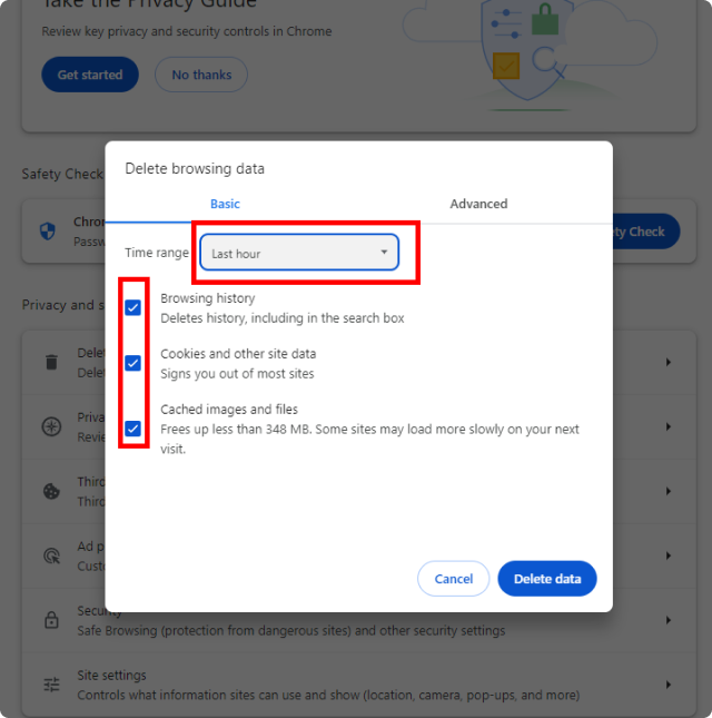 Select timeframe. Check or uncheck the type of data.