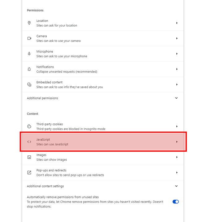 Scroll down to the content section and click javascript
