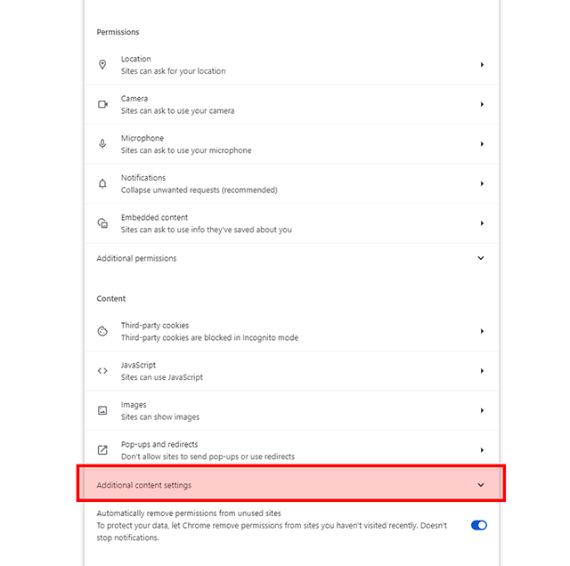 Scroll down to additional content settings.